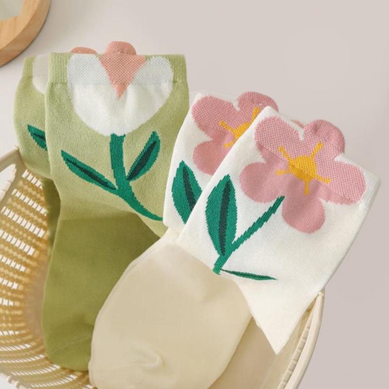 Cotton Women Socks Casual Breathable Japanese Korean Style Cartoon Flower Candy Color  Female Middle Tube Sock