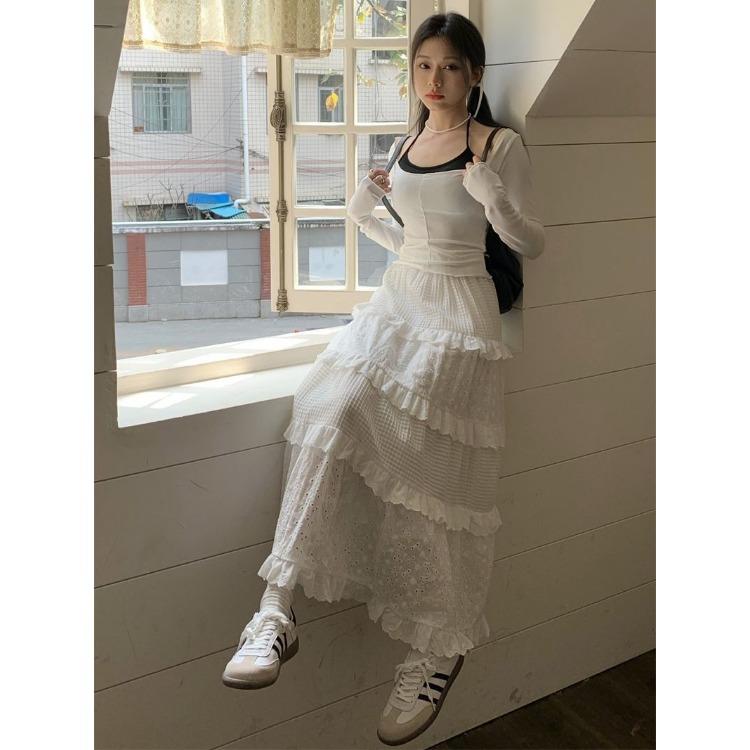 White Lace Cake Skirt, Slim Waist and Petite, Perfect for Women's Early Autumn Fashion