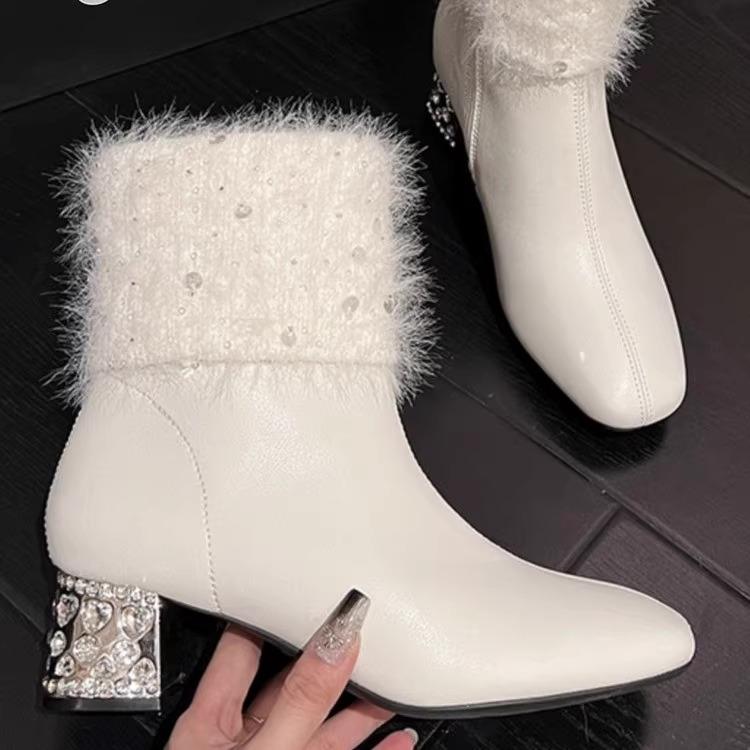 Crystal Ankle Women Boots Fur High Heels Warm Shoes Luxury Brand 2025 Winter Short Plush Snow Boots Elegant Shoes Women Pumps