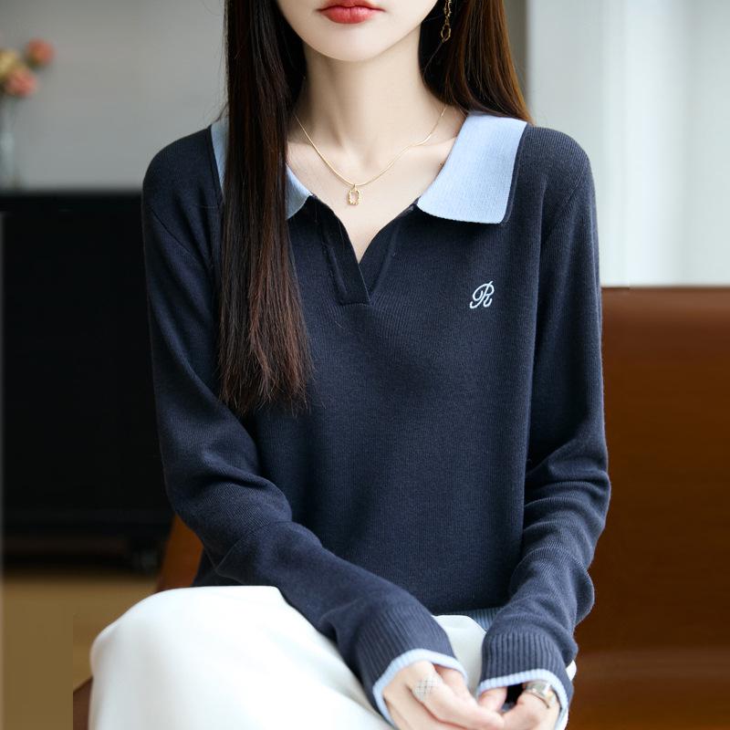 

Autumn Colorblock POLO Collar Sweater: Women s Pullover Knitwear for Fall/Winter Large темно-синий
