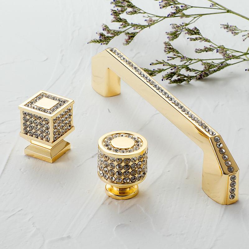 European Luxury Diamond Crystal Handle Bright Gold Zinc Alloy Kitchen Cabinet Knob and Handles Drawer Knobs Hardware