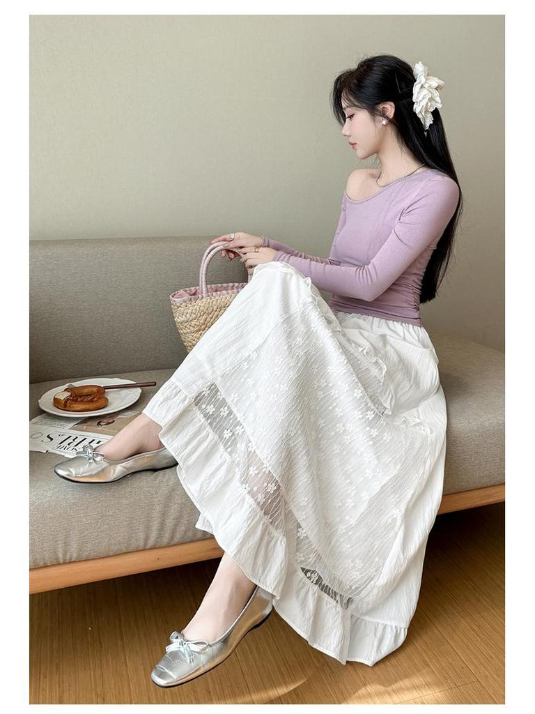 Women's White Lace Ruffled Midi A-line Cake Skirt - 2026 Spring/Summer