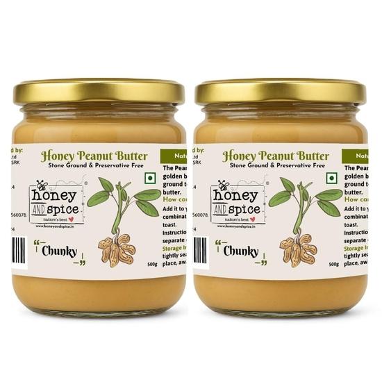 

Honey and Spice Chunky Peanut Butter (500g, Pack of 2) | 26g protein | High protein peanut butter | Tasty & Healthy Nut Butter Spread