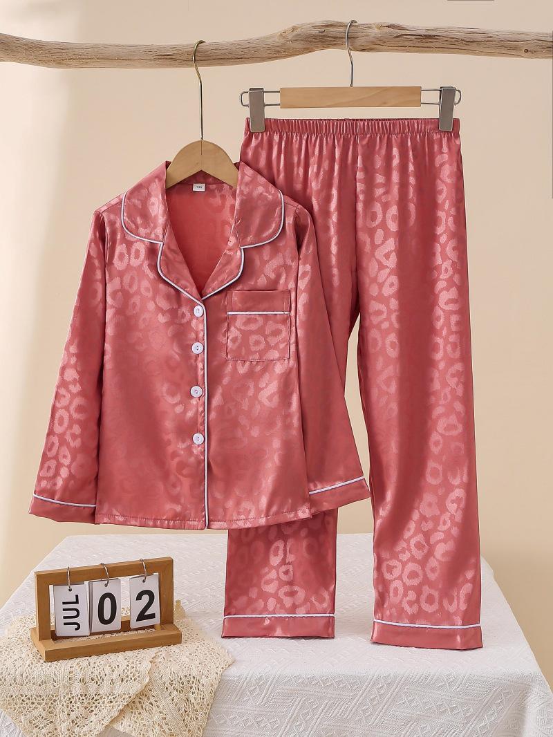 European & American Style Girls Silk Jacquard Pajamas Set - Long Sleeve & Pants 110