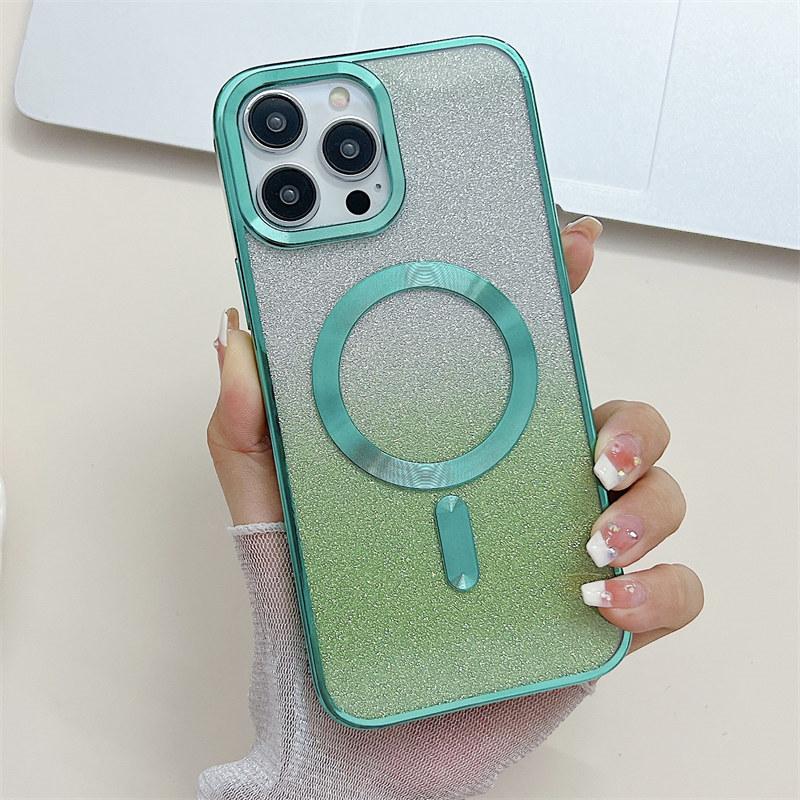 Luxusní Gold Shield Electroplated Gradient Color Glitter Magnetic Bezdrátové nabíjecí pouzdro pro iPhone 14 13 12 11 Pro Max Ochranný kryt proti pádu