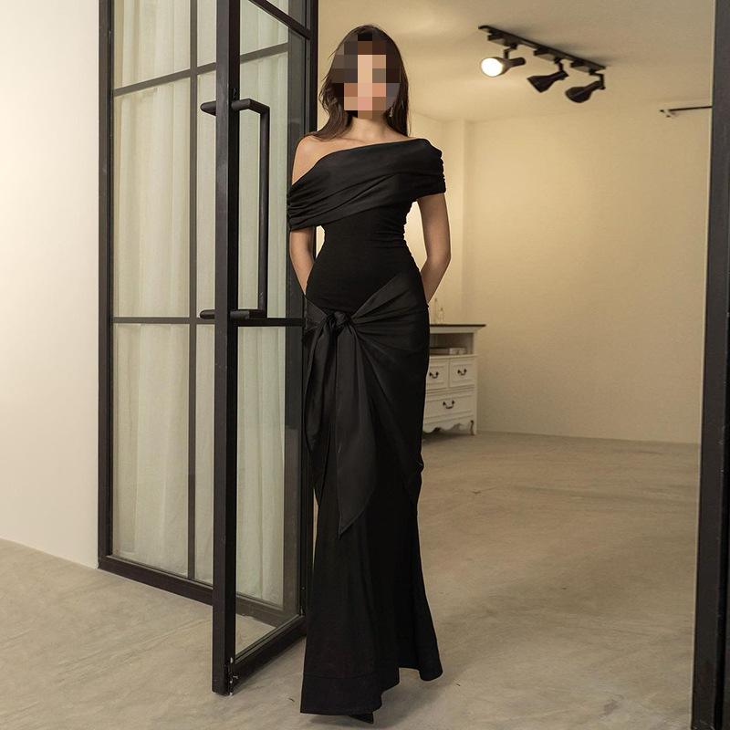 European and American One Shoulder Mesh Ribbon Slim Fit Dress