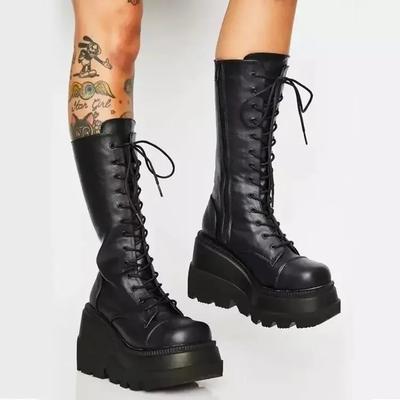 Punk Women Platform Boots Elastic Microfiber Chunky Heel Mid-calf Ladies Boots Spring Autumn Brand Black Goth Women Shoes 2024