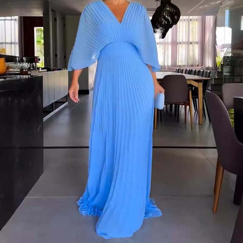 Women's Solid V Neck Batwing Half Sleeve Pleated Maxi Dress High Waist Formal Evening Gown XS-3XL