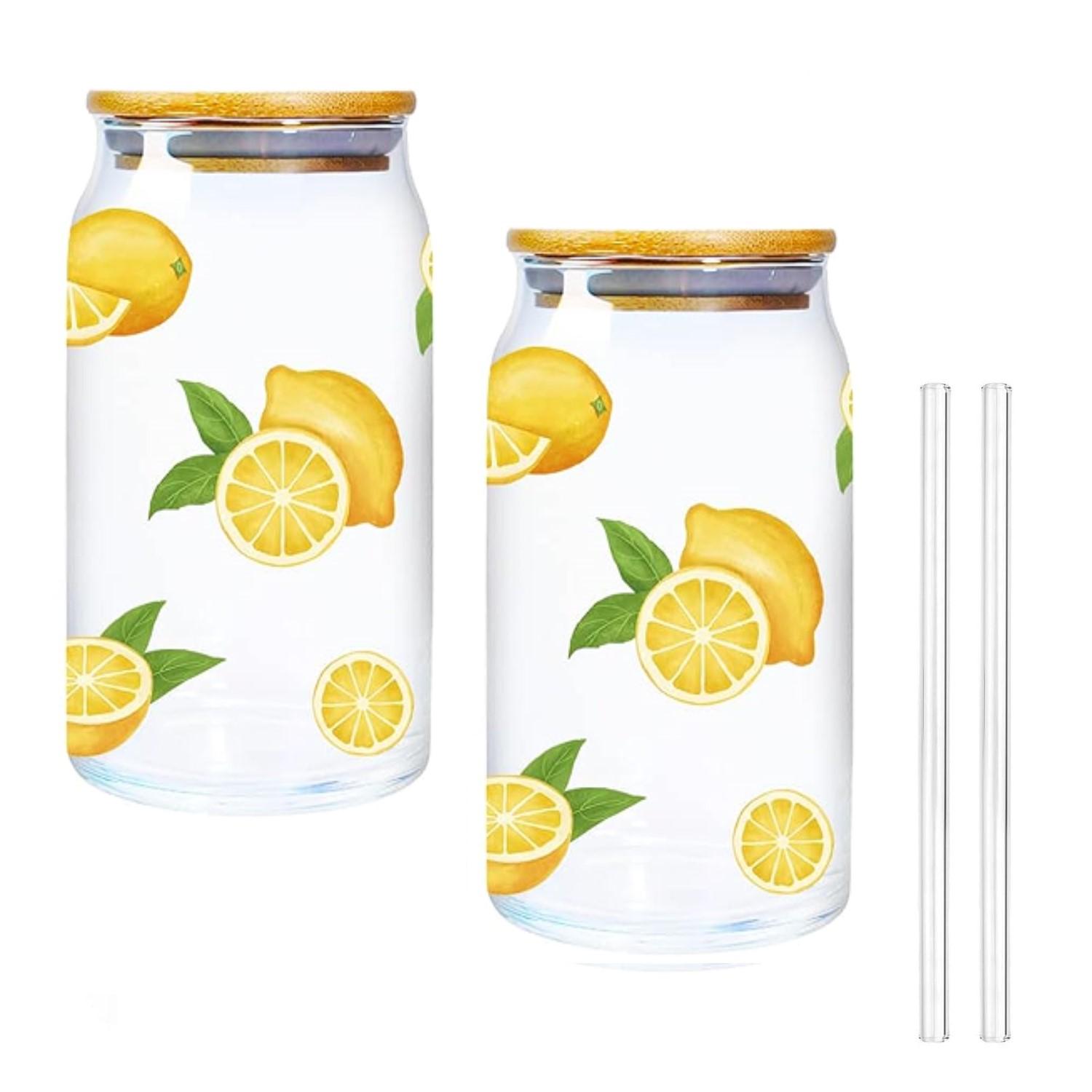 

2 Cute Fruit Wine Glasses With Bamboo Lids And Glass Straws -16Oz Can Shaped Glasses, Beer Glasses, And Cute Flat Bottomed Iced
