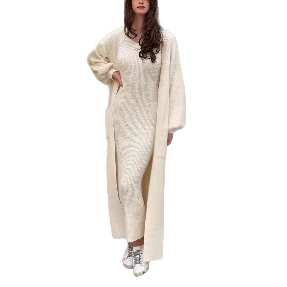 2025 Autumn Women's Knitted Long Dress with Pockets and Waist-cinching Round Neck Cardigan.