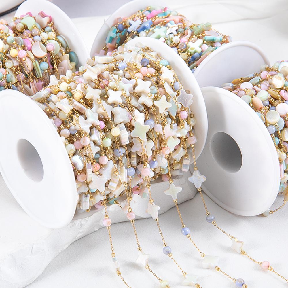 1Meter Stainless Steel Natural Shell Chains Colorful Heart Round Beaded Chains for DIY Necklace Bracelet Jewelry Making Supplies