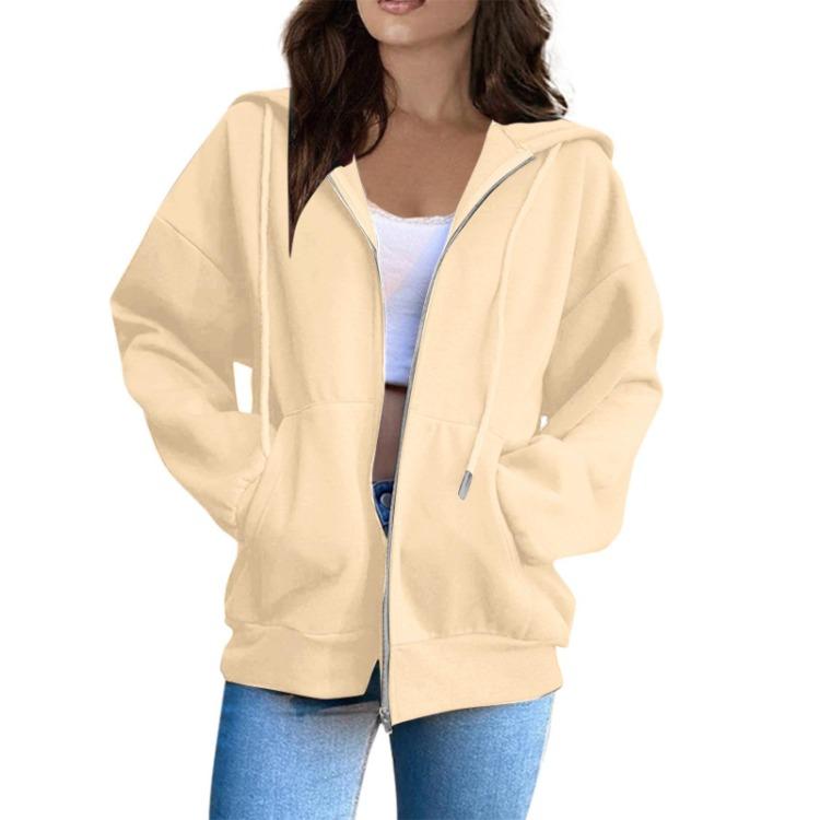 Long Sleeve Hooded Sweatshirt Women Casual Fashion Solid Color Zippered