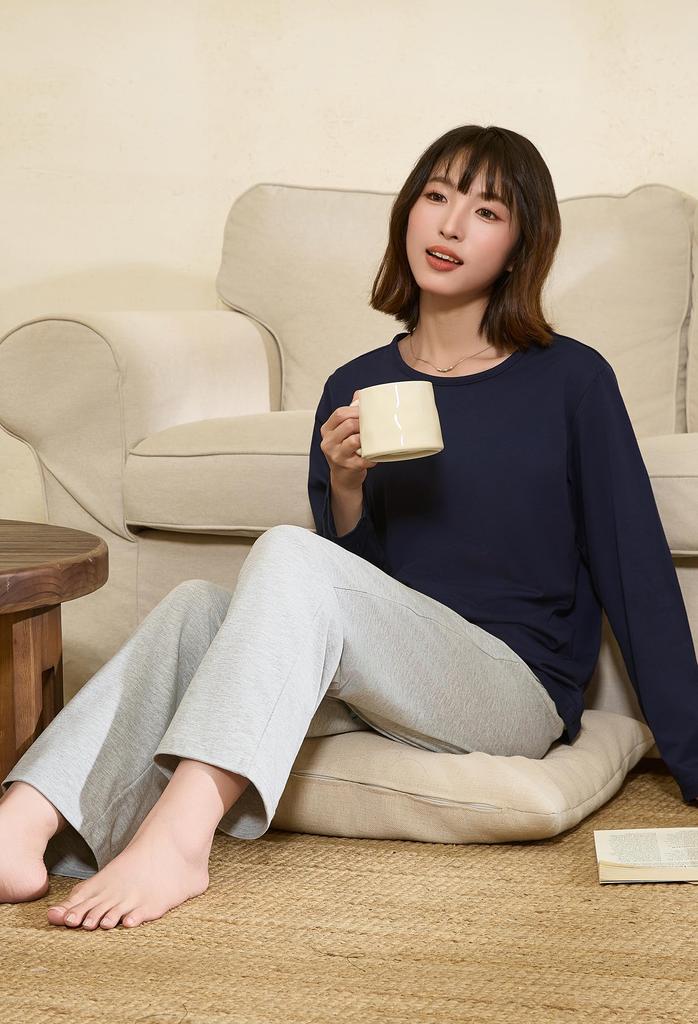 Vulcanodon Loungewear Cotton Long Round Loose Size M Women's Set, Blend, Sleeves, Collar, Pockets, Fit, Soft, Comfortable, Moisture-Wicking,