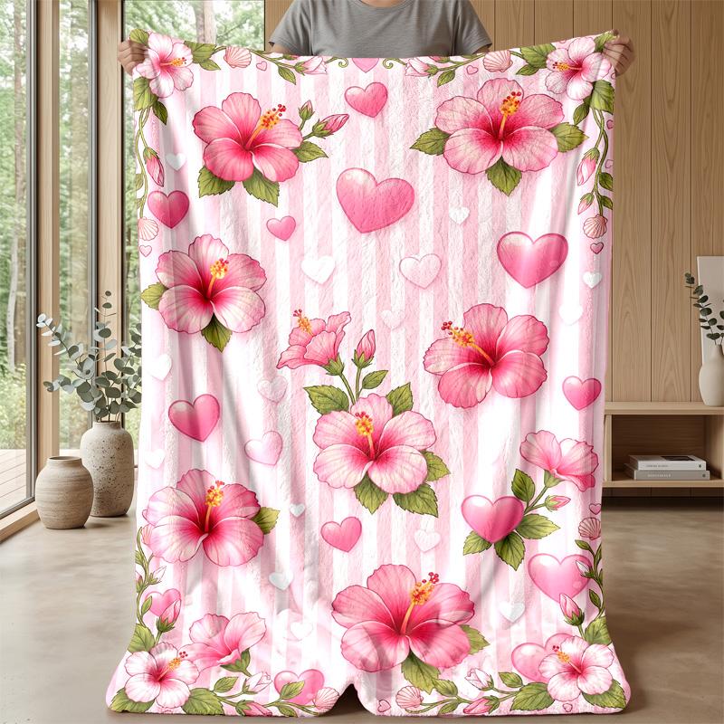 Pink Hibiscus Hearts Pattern Theme blanket Lightweight Warm Flannel Blanket Decorative Throw Blanket for Home Decoration