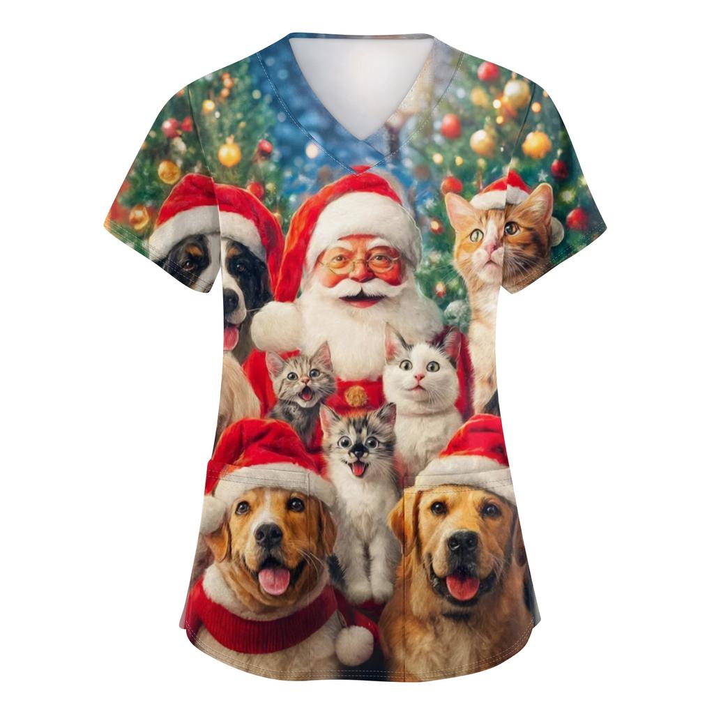 Women's V-neck Christmas printed short-sleeved pocket side-slit protective suit top