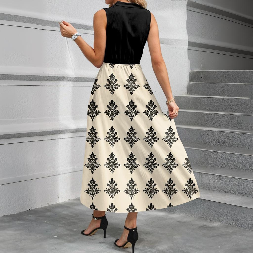 Dámské ležérní a módní šaty střední délky bez rukávů s potiskem a výstřihem do V