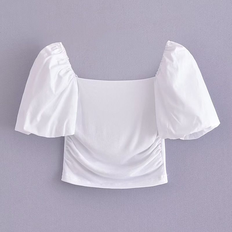 Ur European and American Puffy Panel Square Collar Shirt Short Sleeve Top
