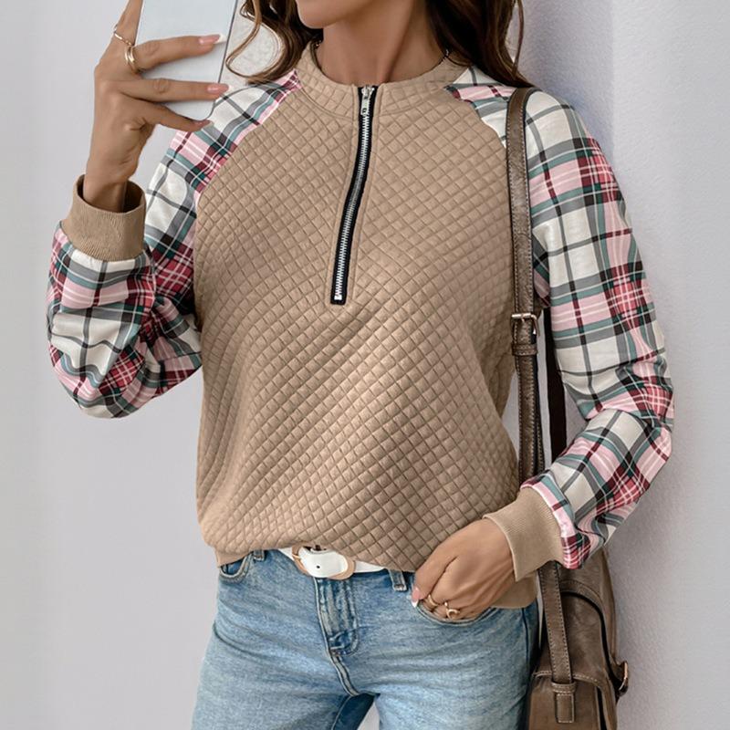 Women S Vintage Casual Loose Fit Plaid Patchwork Long Sleeve Sweatshirt