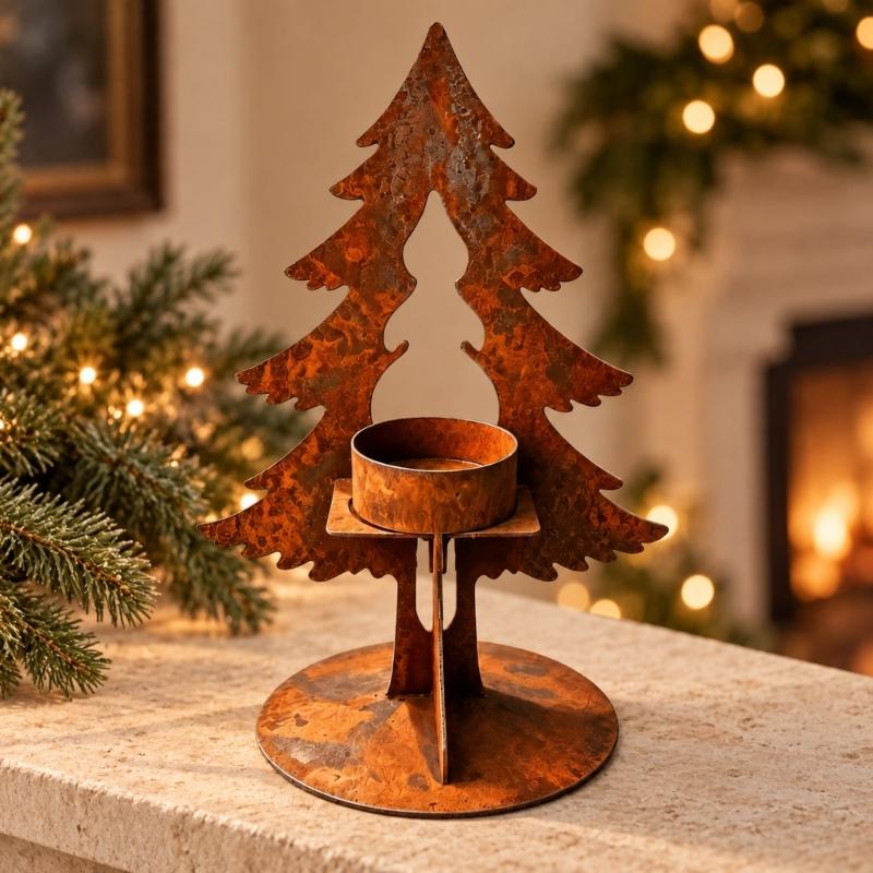 Christmas Candle Holders with Metal Tree Outline and Round Base, Aged Brown Seasonal Accent for Dining Tables, Entryway Displays, and Shelves