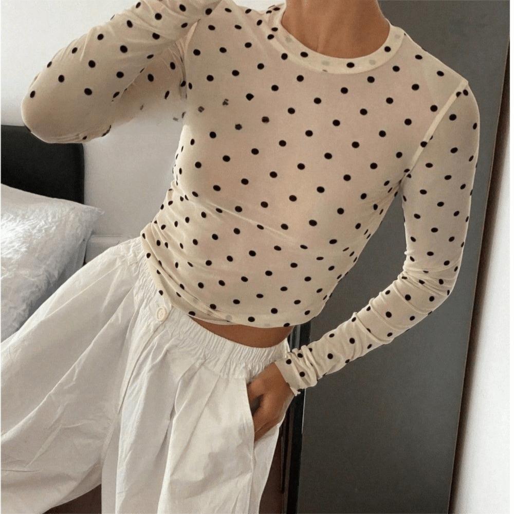 Leopard Polka Dot T-Shirt Transparent Y2k Crop Top Breathable Long Sleeve T-Shirt Date Night