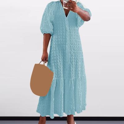 Women Summer Dress V Neck Half Sleeves Solid Color Loose A-line Patchwork Ruffle
