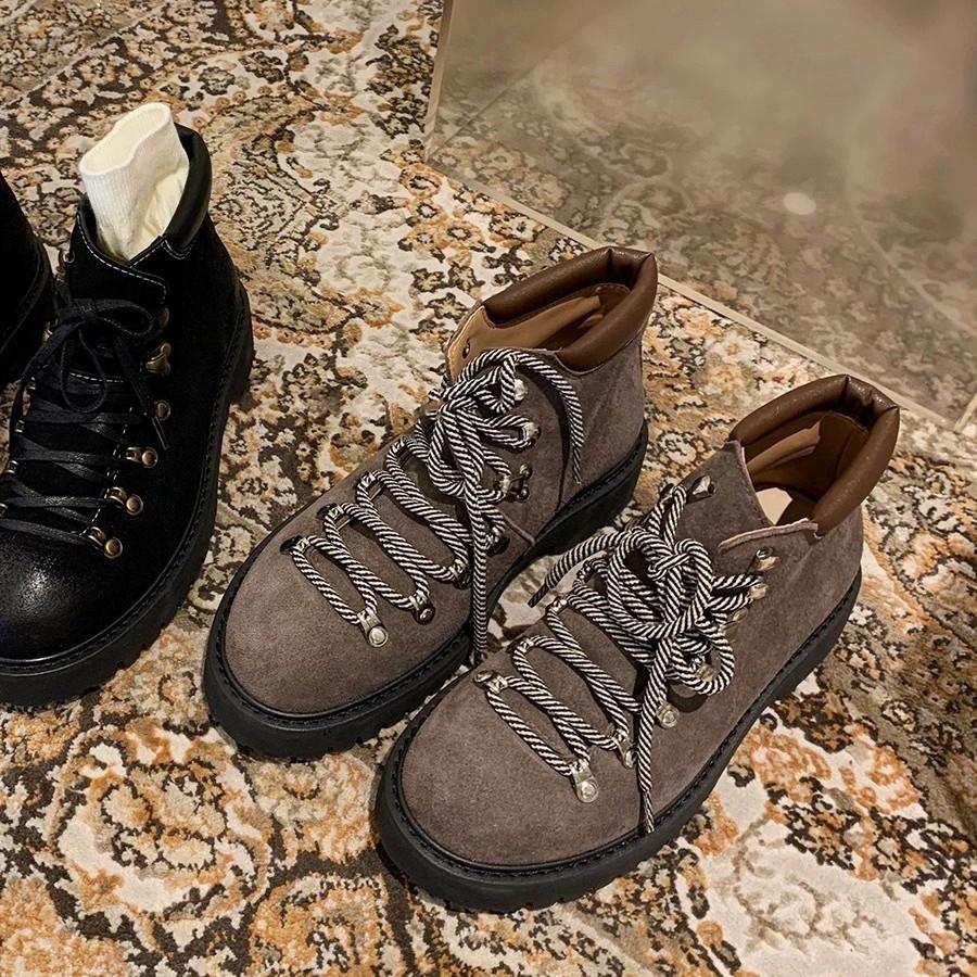 Leather frosted British style retro round head thick heel high-top Martin boots women's boots thick-soled versatile front lace-up small short boots