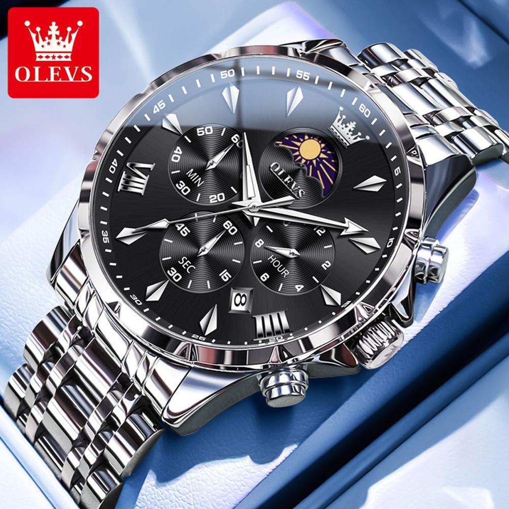 OLEVS Original Chronograph Quartz Watch For Men Moon Phase Stainless Steel Waterproof Man Watch Date Fashion Wrist Watch