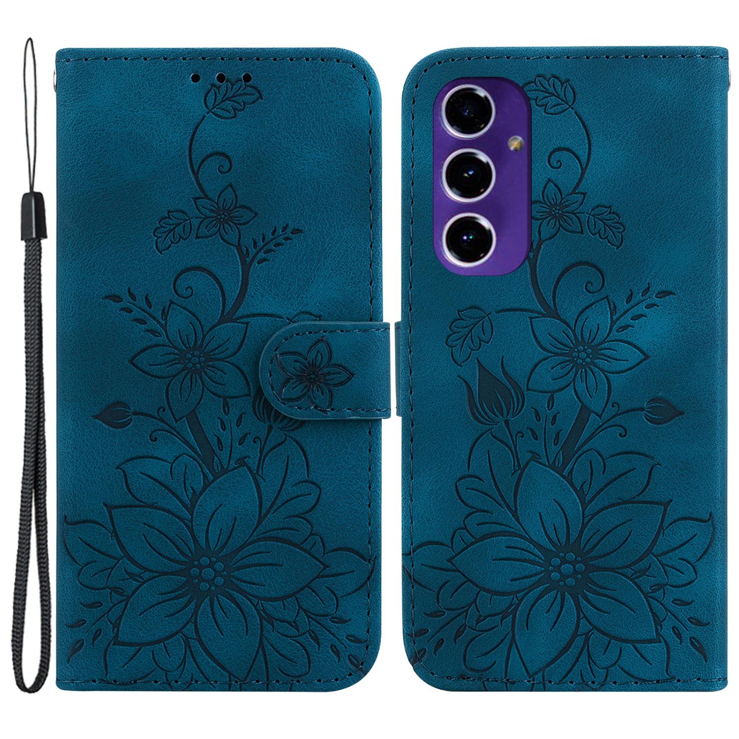 

Для Samsung Galaxy S24 FE Чехол-подставка для мобильного телефона Кожаный кошелек Чехол для телефона с тисненым цветочным узором Dark Blue