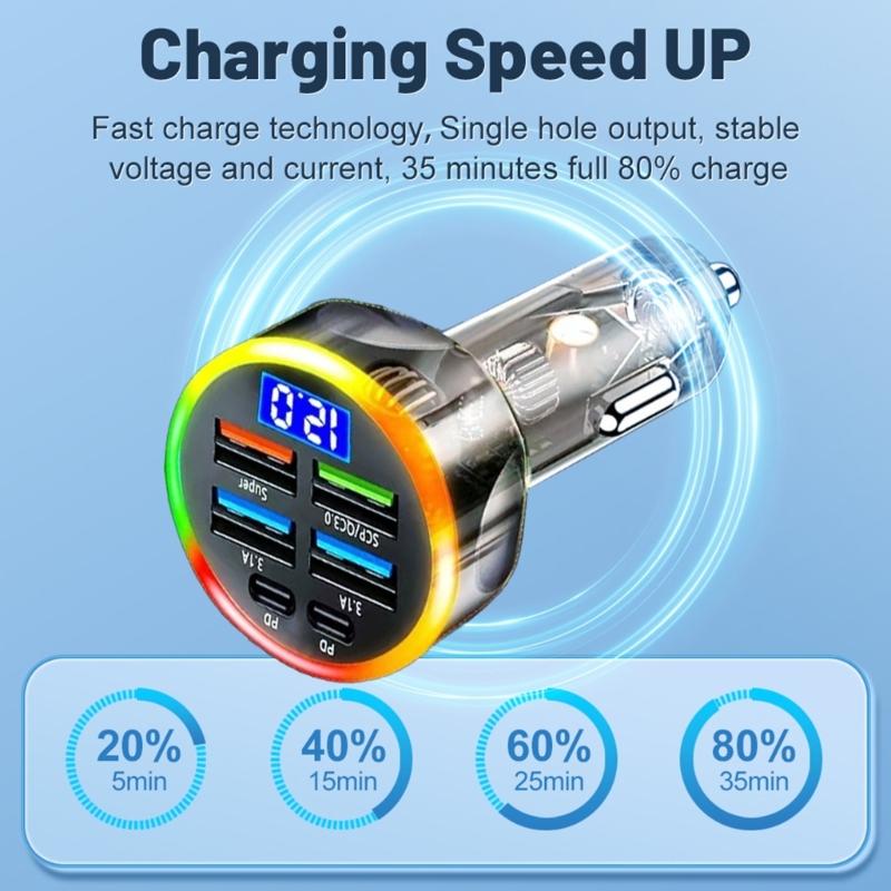 6 Port Car Chargers Digital Voltages Monitor Colorful LED Lighting For Quick Charging Multiple Devices 200W Charging Ada