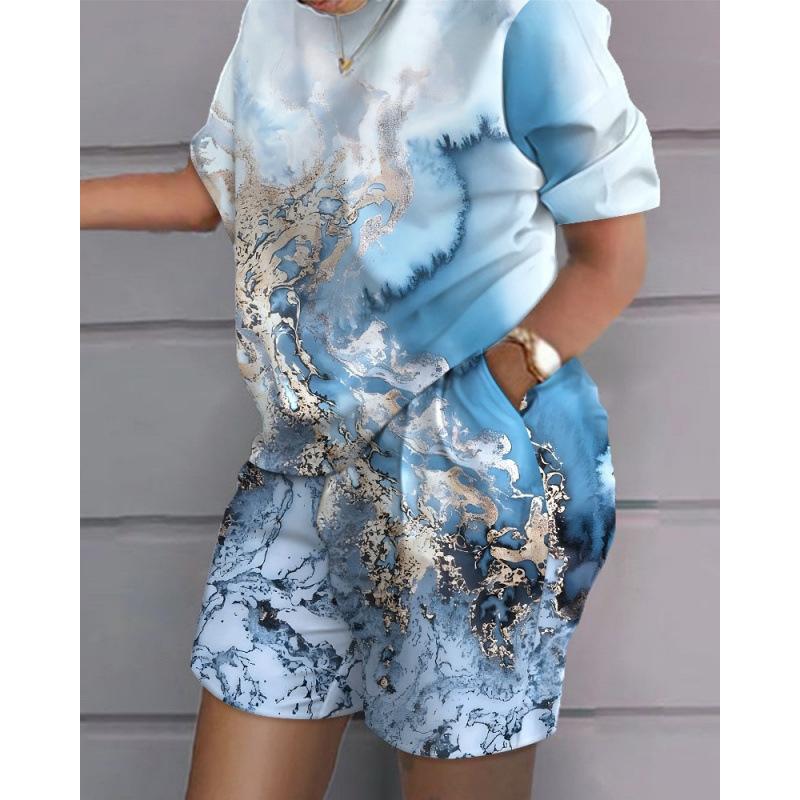 Conjunto de top y pantalones cortos informales de gran tamaño con estampado 3D de verano, conjunto informal de dos piezas informales de moda para mujer, chándales