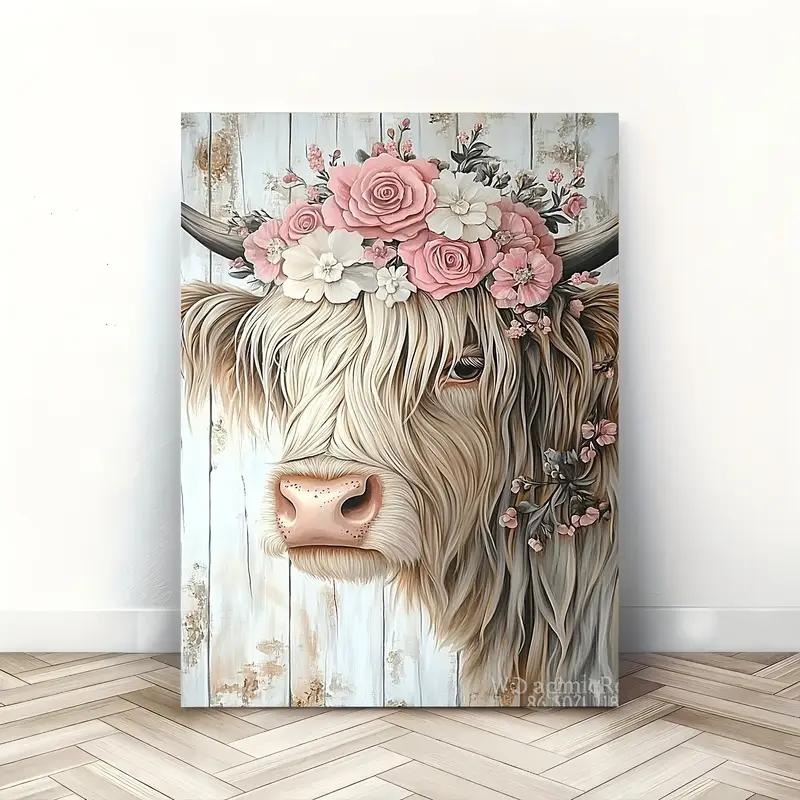 Room Decor Rustic No Framed Highland Cow Canvas Art Print, Floral Crown Wall Decor, Woven Bachelor Party Home & Office