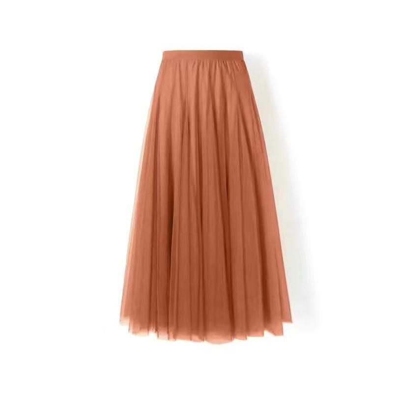 1PC Skirt Many Colors With Lining Solid Color Mesh Tulle Summer A-line Midi Skirt Women Spring High Waisted