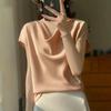 Camicetta da Donna in Raso con Scollo ad Drappeggio e Maniche Corte