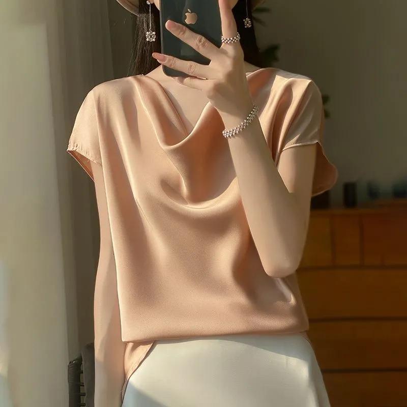 Women s Cowl Neck Satin Short Sleeve Blouse L