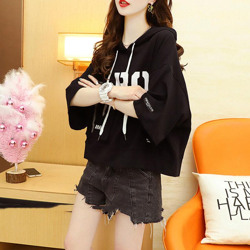 Summer Letter Printing Hoodies Women Round Neck Short Sleeve Drawstring Short Pullovers Ladies Korean Style Casual Top