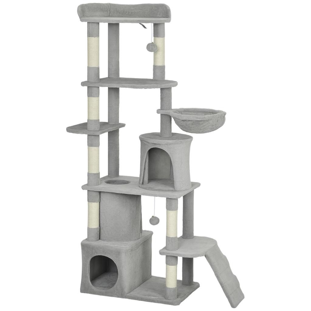 170 Cm Large Cat Tree, Cat Tower with 7 Scratching Posts, Tunnel, 2 Condos, Hammock, Perch, Ramp, Pompoms, Light Grey