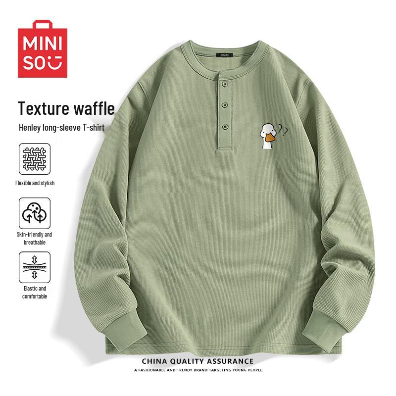 MINISO Men's Waffle Knit Henley Long Sleeve T-Shirt