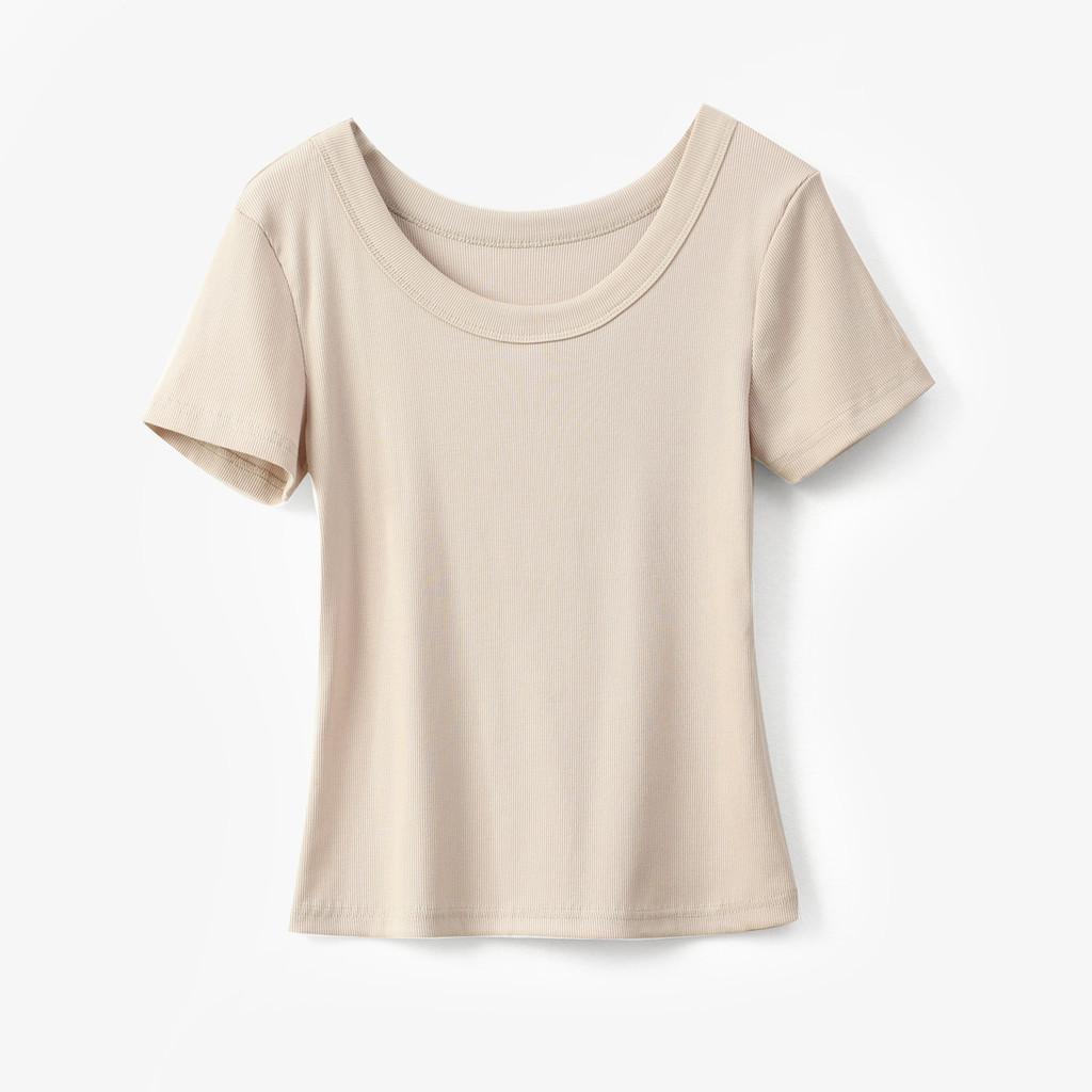 Casual Summer T Shirt For Women With High Elastic Ribbed Fabric And U Neck Design