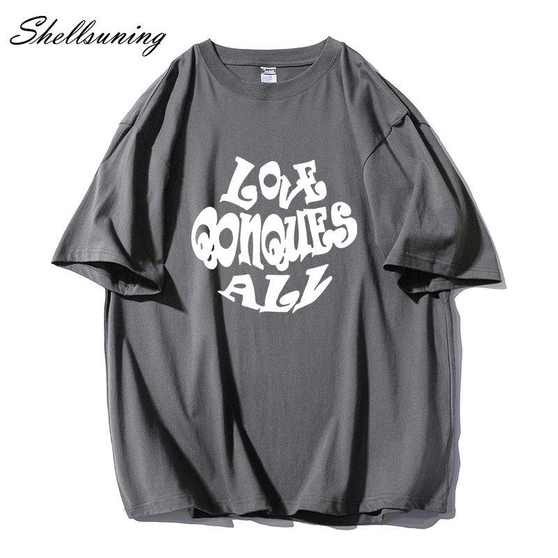 Shellsuning Oversized Letter Graphic T Shirts Men Summer Soft 100% Cotton Short Sleeve Tees Female Trendy Loose High Street Tops