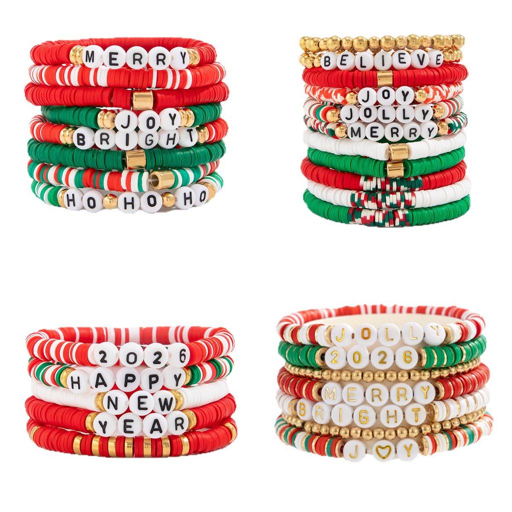 Christmas Contrasting Soft Pottery Letter Elastic Bracelet, Creative Festive Colored Beaded Hand Jewelry