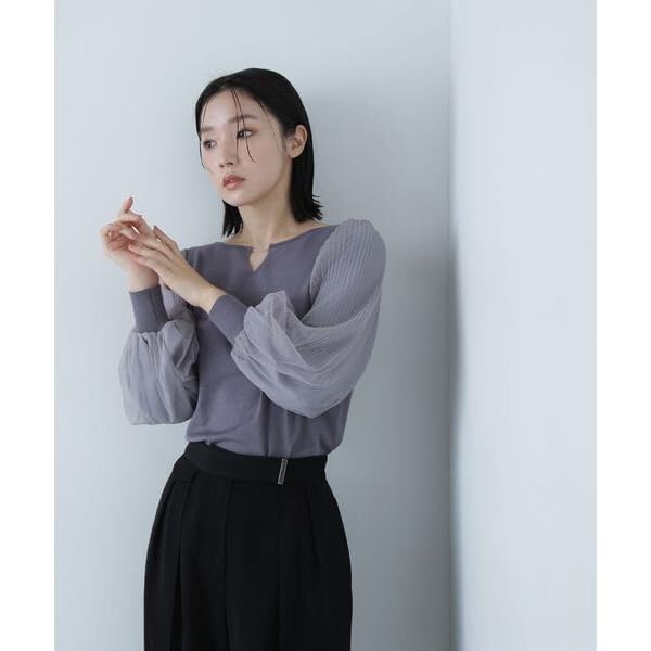 Natural Beauty Basic Tulle Pleated Sleeve Knit Charcoal Women's Sweater,