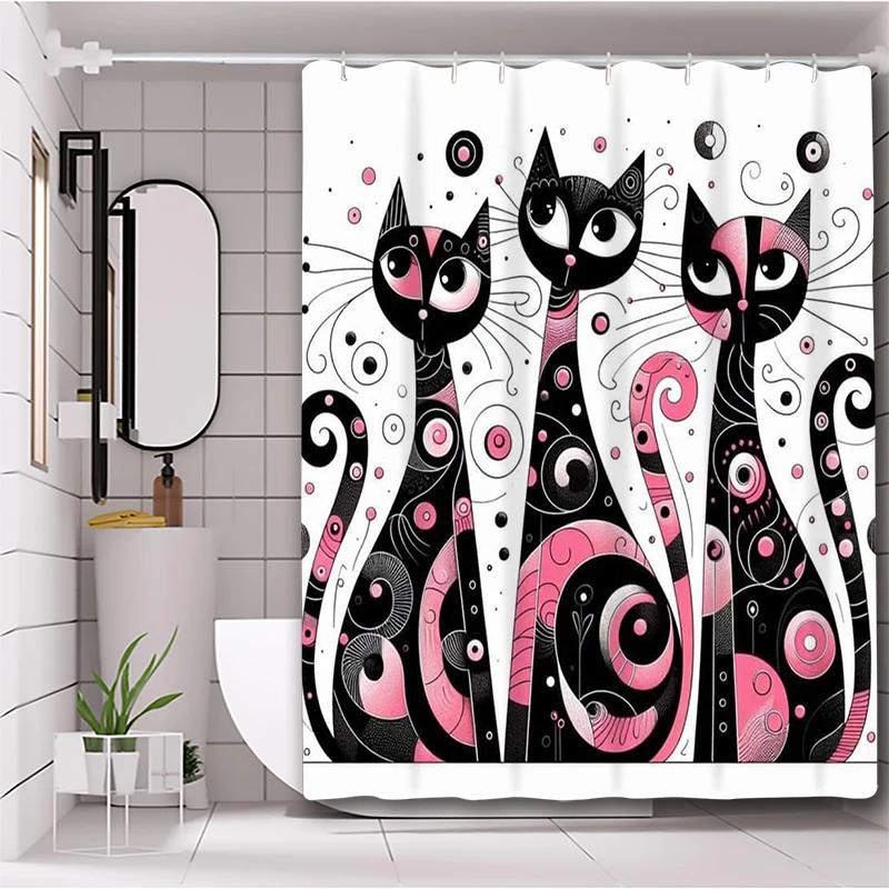 

Cartoon Cat Pattern Bathing Curtain Bathroom Letters Shower Curtain Waterproof With 12 Hooks Fishes Home Deco W60H190(CM)-1 Pcs