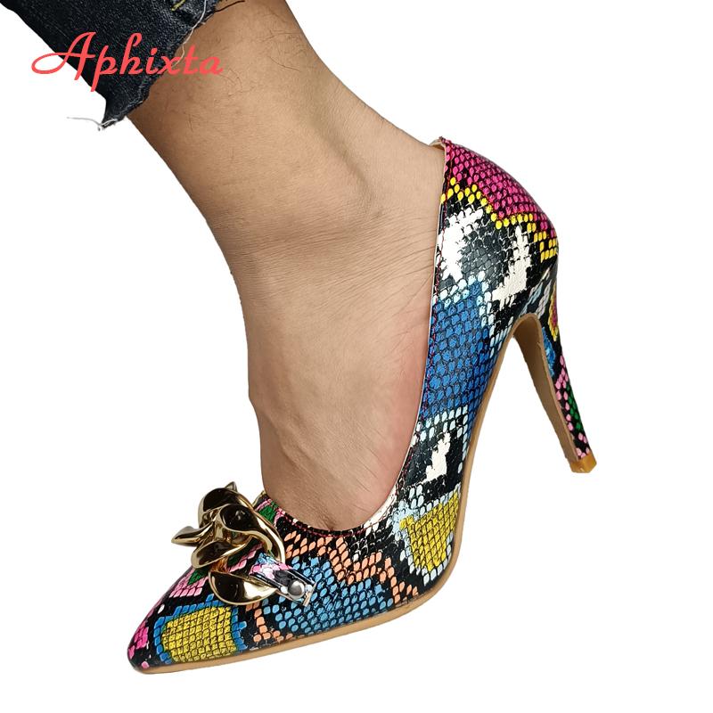 Aphixta 2025 Spring Gold Chain Pumps Women Shoes 10cm 3.94Inch Thin Heels Snak Prints Office Ins Style Shoes Super Plus Size 50