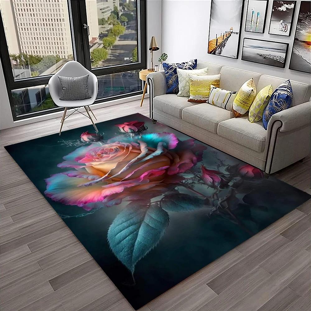Romantic Rose Flower Carpet Home Living Room Area Rug Bedroom Doormat Non-slip Foldable Washable Floor Mat For Entryway Hallway
