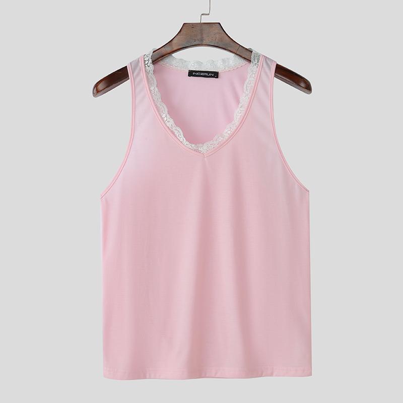 

INCERUN Summer Men V Neck Sleeveless Lace Hem Stretch Casual Thin Tank Tops 5XL розовый