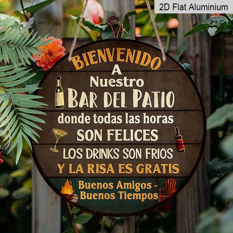 2D Flat, 1pc 7.87X7.87 Inch 2D Round Aluminum Sign, Vintage Plaque about "Courtyard Bar Welcome", Bar Patio Decoration Sign, Suitable for Decorating