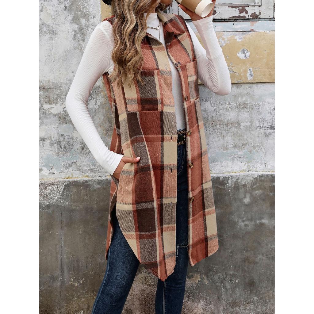 2025 Autumn Vintage British Style Lapel Long Plaid Coat Vest for Office Casual Commute - Women's Fashion Outerwear