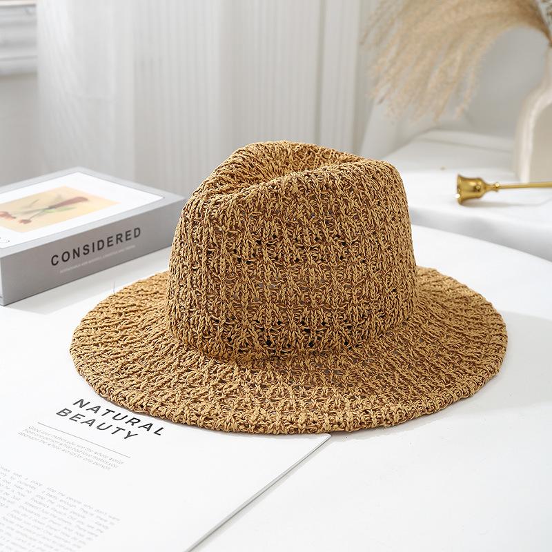 Outdoor spring and summer new sunscreen sun hat big brim sunshade bucket hat sunscreen women's knitted hat hollow jazz straw hat