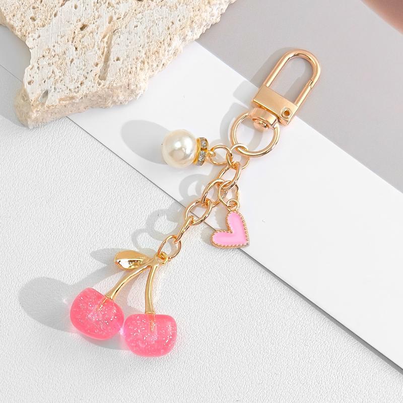 Cute Cherry Keychain With Pearl And Heart Charm Resin Fruit Pendant Bag Accessory For Women Girls