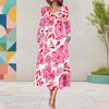 Women Plus Size V Neck Long Sleeve White Pink Red Floral Printed Midi Dress With Pockets
